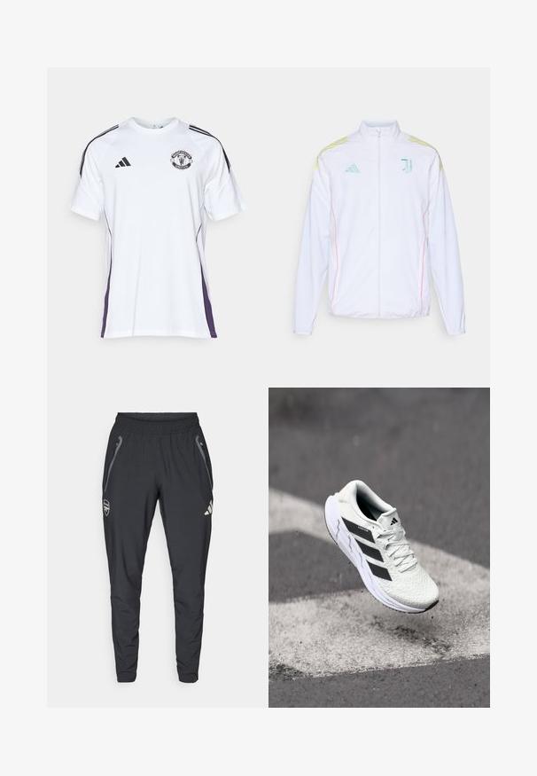 adidas Performance JUVENTUS 25/26 TIRO25 COMPETITION PRESENTATION JACKET - Tréning dzseki - white; Fehér, rövid ujjú sportpóló fekete és lila oldalsó díszítésekkel, amelyen a Manchester United logója és három fekete csík látható a vállakon.; adidas Performance ARSENAL FC TIRO25 COMPETITION VIS TECH TRAVEL PANT - Klubruházat - black; Fehér sportcipő texturált hálós felsőrésszel, fekete csíkokkal, fűzős záródással és párnázott talppal, egy megjelölt útfelület felett lebeg.