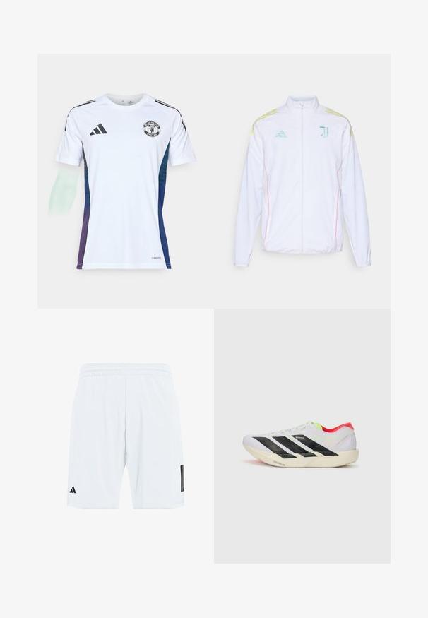 adidas Performance JUVE - Träningsjacka - white; Vit sporttröja med svarta Adidas-stripes, Manchester United-logotyp på bröstet, blå-till-lila gradientdetaljer på sidorna, tillverkad av lätt material.; Vita sportshorts med elastisk midjeband, med tre svarta ränder på sidorna och en svart logotyp på nedre vänstra benet.; Vit löparskor med svarta ränder, neongröna accenter och en röd häl. Har en lätt vikt och en strukturerad sula för grepp.