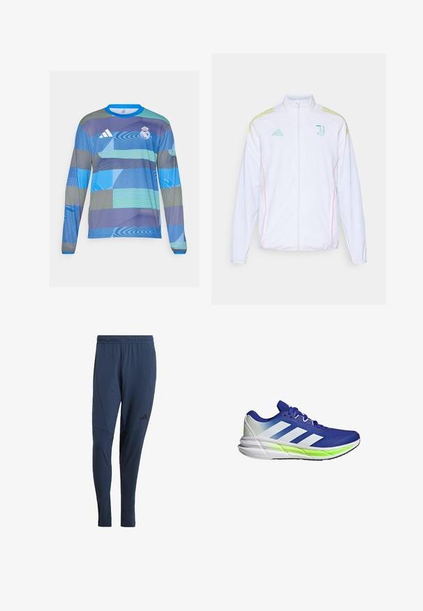 adidas Performance JUVE - Trainingsvest - white; Langermig sportshirt met een blauw en groen geometrisch patroon, gemaakt van lichtgewicht stof met een geribbelde blauwe kraag en het Adidas-logo.; Marineblauwe sportbroek gemaakt van een soepele, rekbare stof. Voorzien van een elastische tailleband en een zwart logo op het linkerbeen.; Blauwe sportschoen met witte accenten, bovenkant van gaas en een gevoerde zool benadrukt door een neon groene streep. Kenmerkt zich door een gebogen ontwerp.