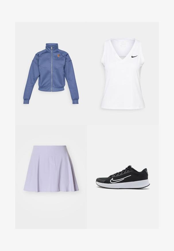 Chaqueta azul con cremallera y collar alto, presenta un diseño geométrico y un pequeño logo en el lado izquierdo del pecho. Está hecha de una tela suave.; Top atlético sin mangas de color blanco con escote en V, detalle recortado y logo de Nike en negro en el lado izquierdo del pecho. Está confeccionado con una tela transpirable.; Falda de patinadora en color lila, hecha de una suave mezcla de algodón, con un diseño acampanado, cintura elástica y sin patrones o acentos visibles.; Zapatilla deportiva de malla negra con acentos blancos, diseñada para la comodidad. Presenta una puntera redonda, cierre de cordones en la parte delantera y una suela media gruesa blanca.