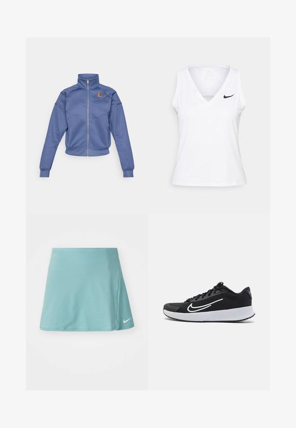 Chaqueta azul con cremallera y collar alto, presenta un diseño geométrico y un pequeño logo en el lado izquierdo del pecho. Está hecha de una tela suave.; Top atlético sin mangas de color blanco con escote en V, detalle recortado y logo de Nike en negro en el lado izquierdo del pecho. Está confeccionado con una tela transpirable.; Falda atlética de color azul claro, fabricada con un tejido suave y elástico. Presenta una abertura lateral y un pequeño logo blanco de Nike en la parte inferior frontal.; Zapatilla deportiva de malla negra con acentos blancos, diseñada para la comodidad. Presenta una puntera redonda, cierre de cordones en la parte delantera y una suela media gruesa blanca.