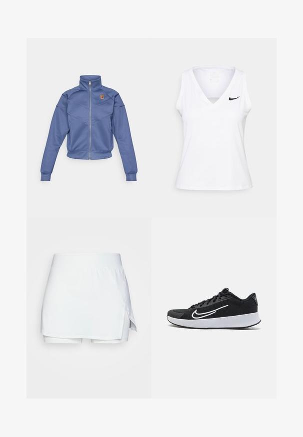 Chaqueta azul con cremallera y collar alto, presenta un diseño geométrico y un pequeño logo en el lado izquierdo del pecho. Está hecha de una tela suave.; Top atlético sin mangas de color blanco con escote en V, detalle recortado y logo de Nike en negro en el lado izquierdo del pecho. Está confeccionado con una tela transpirable.; Falda corta blanca con una tela suave y elástica. Presenta una cintura alta y una abertura lateral. Incluye pantalones cortos integrados para mayor cobertura y comodidad.; Zapatilla deportiva de malla negra con acentos blancos, diseñada para la comodidad. Presenta una puntera redonda, cierre de cordones en la parte delantera y una suela media gruesa blanca.