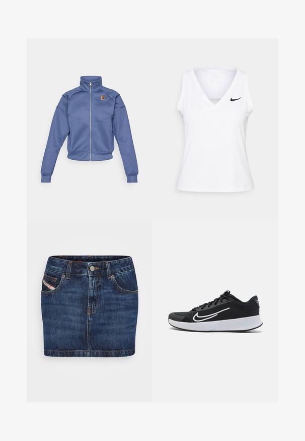 Veste zippée bleue avec un col montant, présentant un design géométrique et un petit logo sur la poitrine gauche. Fabriquée en tissu lisse.; T-shirt de sport sans manches blanc avec un décolleté en V, un détail découpé et un logo Nike noir sur la poitrine gauche. Fabriqué en tissu respirant.; Jupe en denim bleu foncé avec une coupe ajustée, cinq poches et des coutures orange. Inclut un système de fermeture à bouton métallique à la taille.; Chaussure de sport en mesh noir avec des accents blancs, conçue pour le confort. Dispose d'un bout rond, d'un laçage à l'avant et d'une semelle intermédiaire blanche épaisse.