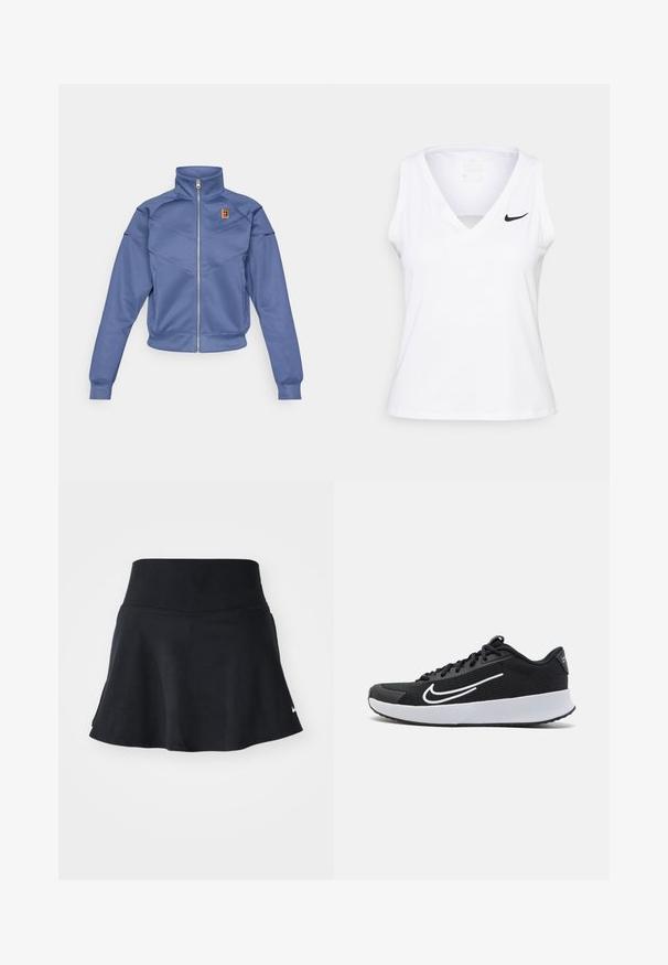 Chaqueta azul con cremallera y collar alto, presenta un diseño geométrico y un pequeño logo en el lado izquierdo del pecho. Está hecha de una tela suave.; Top atlético sin mangas de color blanco con escote en V, detalle recortado y logo de Nike en negro en el lado izquierdo del pecho. Está confeccionado con una tela transpirable.; Skort atlético negro con una cinturilla suave, dobladillo acampanado y sutil logo de Nike en la parte inferior derecha. Fabricado con tejido elástico y ligero.; Zapatilla deportiva de malla negra con acentos blancos, diseñada para la comodidad. Presenta una puntera redonda, cierre de cordones en la parte delantera y una suela media gruesa blanca.