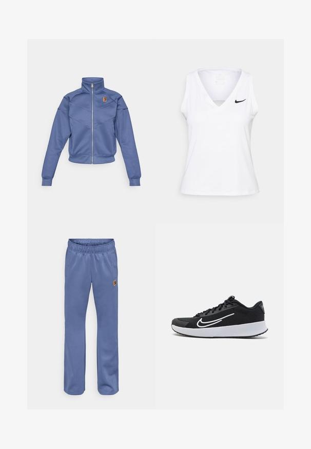 Chaqueta azul con cremallera y collar alto, presenta un diseño geométrico y un pequeño logo en el lado izquierdo del pecho. Está hecha de una tela suave.; Top atlético sin mangas de color blanco con escote en V, detalle recortado y logo de Nike en negro en el lado izquierdo del pecho. Está confeccionado con una tela transpirable.; Pantalones deportivos azules con cintura elástica, bolsillos laterales y un pequeño parche de logo multicolor cerca del bolsillo izquierdo. Textura de tela suave.; Zapatilla deportiva de malla negra con acentos blancos, diseñada para la comodidad. Presenta una puntera redonda, cierre de cordones en la parte delantera y una suela media gruesa blanca.