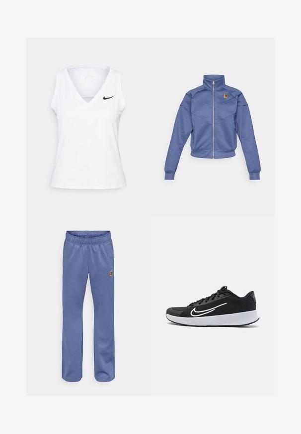 Chaqueta azul con cremallera y collar alto, presenta un diseño geométrico y un pequeño logo en el lado izquierdo del pecho. Está hecha de una tela suave.; Top atlético sin mangas de color blanco con escote en V, detalle recortado y logo de Nike en negro en el lado izquierdo del pecho. Está confeccionado con una tela transpirable.; Pantalones deportivos azules con cintura elástica, bolsillos laterales y un pequeño parche de logo multicolor cerca del bolsillo izquierdo. Textura de tela suave.; Zapatilla deportiva de malla negra con acentos blancos, diseñada para la comodidad. Presenta una puntera redonda, cierre de cordones en la parte delantera y una suela media gruesa blanca.