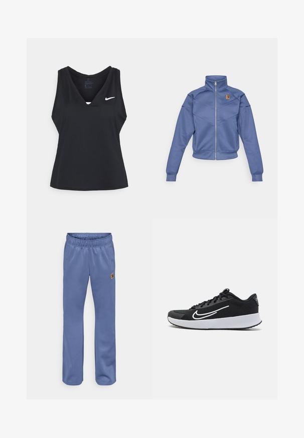 Chaqueta azul con cremallera y collar alto, presenta un diseño geométrico y un pequeño logo en el lado izquierdo del pecho. Está hecha de una tela suave.; Teléfono negro sin mangas para deportes, con un diseño de cuello en V, hecho de tejido Dri-FIT, con un pequeño logo blanco de Nike en el lado izquierdo del pecho.; Pantalones deportivos azules con cintura elástica, bolsillos laterales y un pequeño parche de logo multicolor cerca del bolsillo izquierdo. Textura de tela suave.; Zapatilla deportiva de malla negra con acentos blancos, diseñada para la comodidad. Presenta una puntera redonda, cierre de cordones en la parte delantera y una suela media gruesa blanca.