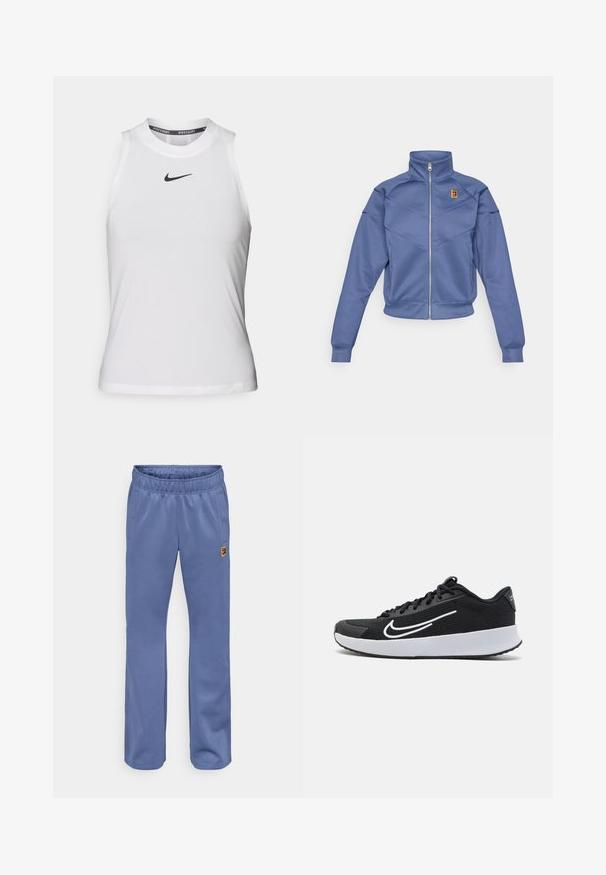 Blauwe zip-up jas met een hoge kraag, met een geometrisch ontwerp en een klein logo op de linkerborst. Gemaakt van een gladde stof.; Witte mouwloze sporttop met een ronde halslijn en een klein zwart Nike-logo op de borst. Gemaakt van gladde, lichtgewicht stof.; Blauwe sweatpants met een elastische tailleband, zijzakken en een klein, meerkleurig logo-inking bij de linkerzak. Zachte stoftextuur.; Zwarte mesh sportieve schoen met witte accenten, ontworpen voor comfort. Heeft een ronde neus, vetersluiting aan de voorkant en een dikke witte tussenzool.