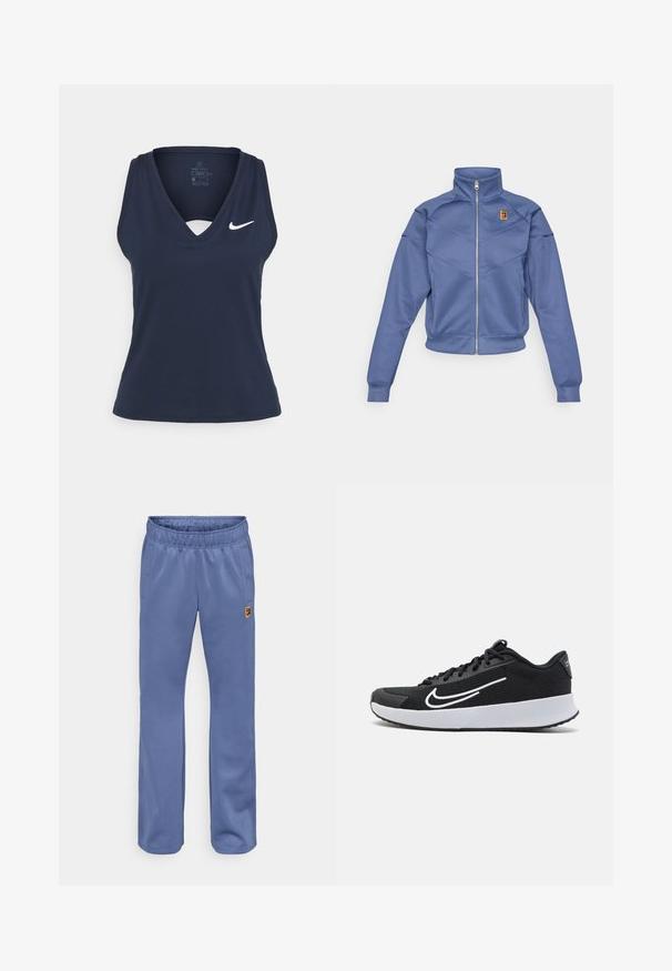 Chaqueta azul con cremallera y collar alto, presenta un diseño geométrico y un pequeño logo en el lado izquierdo del pecho. Está hecha de una tela suave.; Nike Performance TANK - Top - obsidian/white; Pantalones deportivos azules con cintura elástica, bolsillos laterales y un pequeño parche de logo multicolor cerca del bolsillo izquierdo. Textura de tela suave.; Zapatilla deportiva de malla negra con acentos blancos, diseñada para la comodidad. Presenta una puntera redonda, cierre de cordones en la parte delantera y una suela media gruesa blanca.