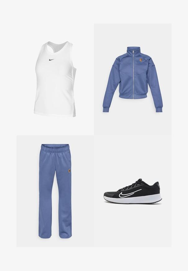 Blauwe zip-up jas met een hoge kraag, met een geometrisch ontwerp en een klein logo op de linkerborst. Gemaakt van een gladde stof.; Witte sportieve tanktop van gladde stof, met een ronde hals, open rug en een klein zwart Nike-logo op de borst.; Blauwe sweatpants met een elastische tailleband, zijzakken en een klein, meerkleurig logo-inking bij de linkerzak. Zachte stoftextuur.; Zwarte mesh sportieve schoen met witte accenten, ontworpen voor comfort. Heeft een ronde neus, vetersluiting aan de voorkant en een dikke witte tussenzool.