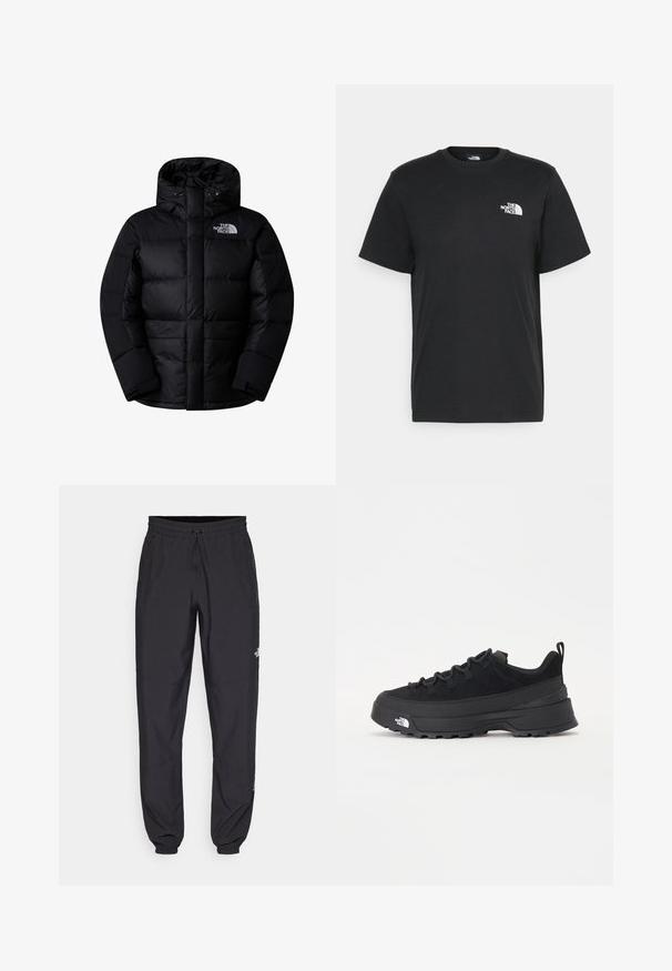 Črna pufasta jakna z visokim ovratnikom, kapuco in sprednjim zadrgo. Ima prešite dele in belo logo na levi strani prsnega koša. Mehka tekstura.; Črna bombažna majica s kratkimi rokavi, okroglim izrezom in majhnim belim logotipom na levem prsnem delu. Preprost dizajn, gladka tekstura in sproščen kroj.; Črne atletske hlače iz lahkega materiala, ki imajo elastični pas z vezalko, stranske žepe in zožene manšete na gležnjih.; Črne zunanje teniske s zgornjim delom iz usnja z nubukom, teksturiranim gumijastim podplatom in trdnim vezalnim sistemom. Imajo ojačan petni del in logotip blagovne znamke na strani.
