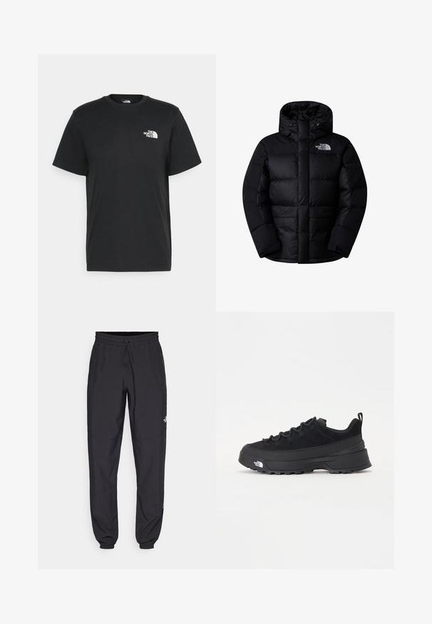 Musta puhvitakki, jossa on korkea kaulus, huppu ja etuvetoketju. Ominaisuuksiin kuuluvat tikatut osiot ja valkoinen logo vasemmassa rinnassa. Pehmeä tekstuuri.; Musta puuvillainen t-paita lyhyillä hihoilla, pyöreällä kaula-aukkolla ja pienellä valkoisella logolla vasemmassa rinnassa. Yksinkertainen muotoilu, sileä pinta ja rento istuvuus.; Mustat urheiluhousut, jotka on valmistettu kevyestä kankaasta. Housuissa on naru vyötäröllä, sivutaskut ja kapenevat hihnat nilkoissa.; Mustamustad välisjalanõud suede ülemise, tekstuuriga kummist tallaga ja tugeva paelaga. Varustatud tugevdatud kanna ja brändi logoga külgedel.