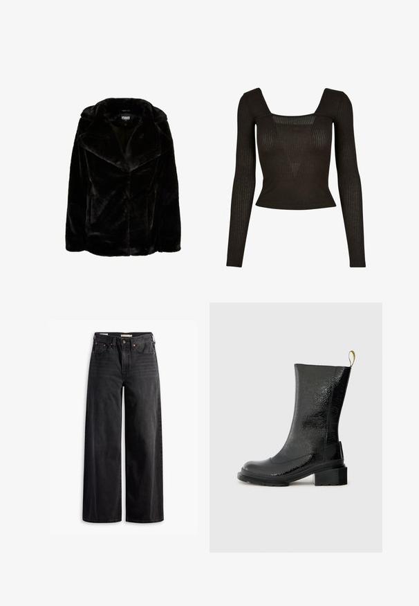 Black faux fur jacket with a wide lapel, long sleeves, and a relaxed fit. Smooth texture and clean lines create a modern silhouette.; Black long-sleeve top with a square neckline, ribbed texture, and a fitted silhouette. Material appears stretchy and lightweight.; Black wide-leg jeans made of denim, featuring a high waist, four pockets, copper rivets, and contrast stitching along the seams.; Black ankle boot made from shiny, textured material. Features a chunky heel and a pull tab at the back for easy wear.