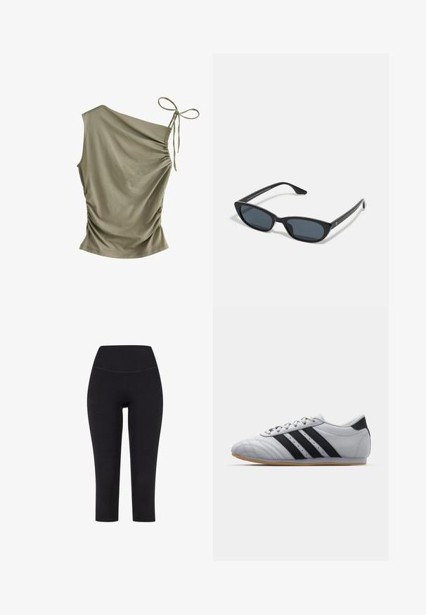 Must musträtik jacket laia krae, pikkade varrukate ja lõdva istumisega. Sile tekstuur ja puhtad jooned loovad kaasaegse silueti.; Next SOFT TOUCH RUCHED SLEEVELESS - Topp - olive green; Mustad kolmveerandi pikkusega legginsid, mis on valmistatud venivast kangast, kõrge vöökoha ja ilma nähtavate mustrite või detailideta.; Hallid spordijalatsid sujuva nahkviimistlusega, millel on kolm musta triipu, ümar toes ja kummine tald.; Mustad musta kassi silma päikeseprillid tumedate objektiividega, plastist raam, kitsad tempelid ja peene brändingu detail siseküljel. Matte viimistluse tekstuur.