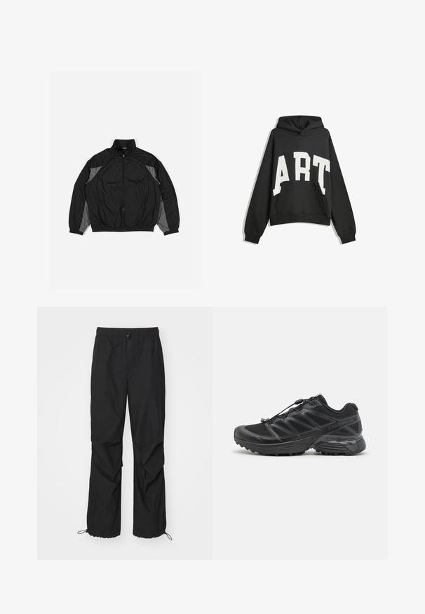 Jachetă neagră cu glugă, cu accente gri, având fermoar frontal, talie elastică și panou texturat cu un model în grilă pe partea din față.; Hanorac negru cu text alb "ART". Dispune de o pungă frontală, mâneci lungi și glugă. Fabricat dintr-un material moale, cu o croială lejeră.; Pantaloni de trening ușori, negri, cu talie elastică, accente cu fermoar și manșete ajustabile; au o croială lejeră și o textură netedă.; Pantofii de alergare negri cu partea superioară din plasă și materiale sintetice, talpă flexibilă și șireturi elastice. Au un intermediar căptușit pentru confort.