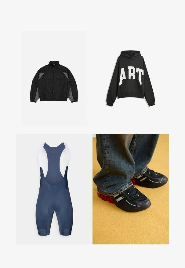 Černá větrovka s šedými akcenty, se zipem vpředu, elastickým pasem a texturovanou panelem s mřížkovým vzorem na přední straně.; Černá mikina s bílým textem "ART". Obsahuje přední kapsu, dlouhé rukávy a kapuci. Vyrobena z měkké látky s volným střihem.; Tmavě modré cyklistické šortky s bílými popruhy, které mají polstrované sedlo, hladký povrch a žádné viditelné vzory ani hardwarové detaily.; Černé sportovní boty s síťovinovým svrškem, lesklými akcenty a červeným polstrováním na podrážce, kombinované s modrými džínami.
