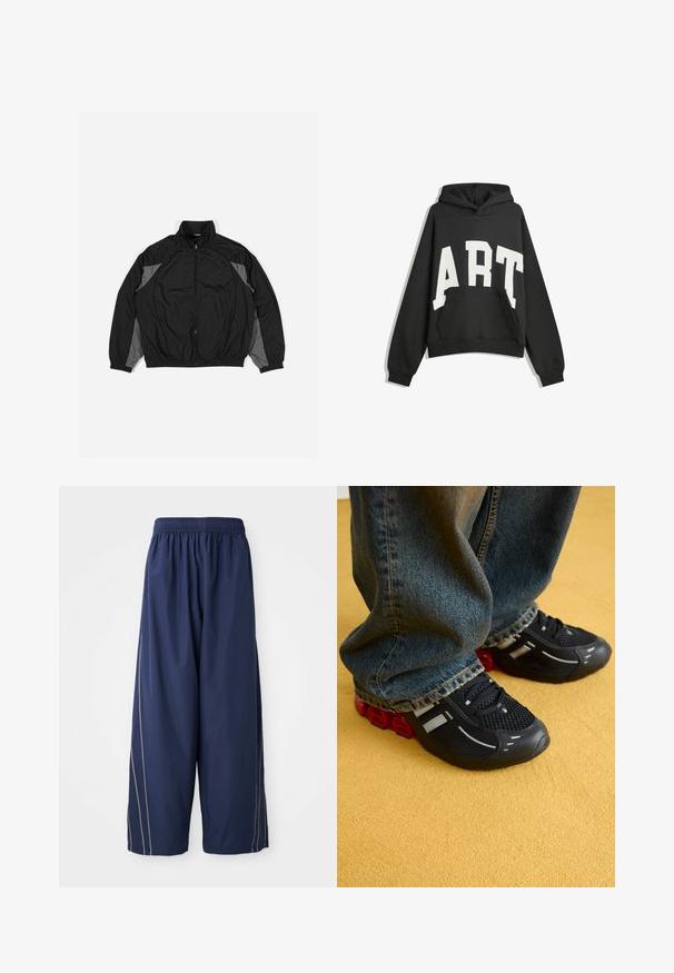 Črna vetrovka s sivimi detajli, z zadrgo spredaj, elastičnim pasom in teksturirano ploščo z mrežastim vzorcem na sprednji strani.; Črna kapuca s belim napisom "ART". Ima sprednji žep, dolge rokave in kapuco. Narejena je iz mehkega materiala z ohlapnim krojem.; Temnomodre široke hlače z elastičnim pasom in stranskimi črtami v svetlejši odtenek. Narejene iz gladkega, lahkega materiala.; Črne športne čevlje z mrežasto zgornjim delom, sijočimi poudarki in rdečo oblazinjenjem na podplatu, v kombinaciji z modrimi jeans hlačami.