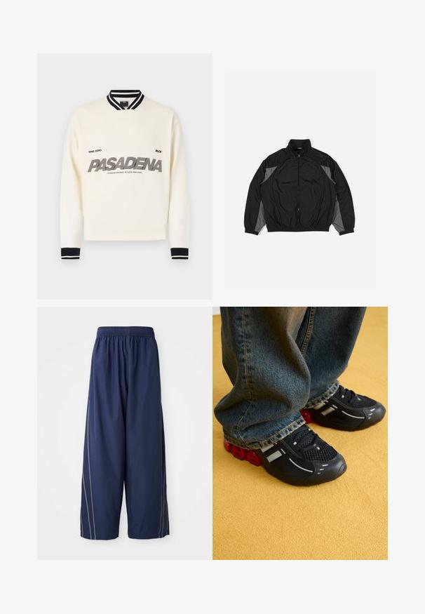 Czarna kurtka przeciwwiatrowa z szarymi akcentami, z zamkiem z przodu, elastycznym pasem i teksturowaną wstawką w kratkę na przodzie.; Biała bluza z czarnymi akcentami, posiadająca ściągacz przy kołnierzyku i mankietach. Na przodzie widnieje napis "PASADENA" w wyrazistym, stylizowanym kroju.; Granatowe, luźne spodnie z elastycznym paskiem w talii i bocznymi paskami w jaśniejszym odcieniu. Wykonane z gładkiego, lekkiego materiału.; Czarne buty sportowe z siateczkową cholewką, błyszczącymi akcentami i czerwonym amortyzatorem w podeszwie, w połączeniu z niebieskimi dżinsami.
