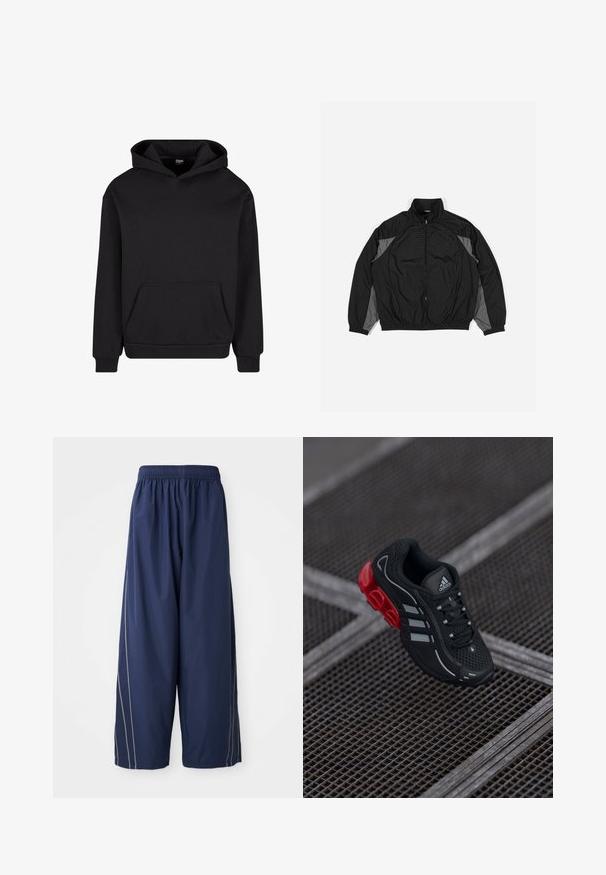 Chaqueta cortavientos negra con acentos grises, que presenta un cierre con cremallera en el frente, cintura elástica y un panel texturizado con un patrón en cuadrícula en la parte frontal.; Sudadera negra de tejido suave, con un bolsillo frontal, capucha con cordón y puños y dobladillo acanalados para un ajuste ceñido.; Pantalones sueltos azul marino con cintura elástica y franjas laterales en un tono más claro. Hechos de un material suave y ligero.; Zapatilla deportiva negra con detalles en rojo, material de malla, superficie texturizada, con tres franjas blancas y diseño distintivo de suela acolchada.