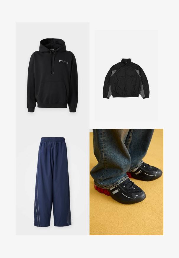 Chaqueta cortavientos negra con acentos grises, que presenta un cierre con cremallera en el frente, cintura elástica y un panel texturizado con un patrón en cuadrícula en la parte frontal.; Sudadera negra con un bolsillo canguro frontal, capucha con cordón y "ABSTRACTED STUDIOS" impreso en blanco en el pecho. Diseño de tipo pullover.; Pantalones sueltos azul marino con cintura elástica y franjas laterales en un tono más claro. Hechos de un material suave y ligero.; Zapatillas deportivas negras con parte superior de malla, acentos brillantes y amortiguación roja en la suela, combinadas con unos vaqueros de mezclilla azul.