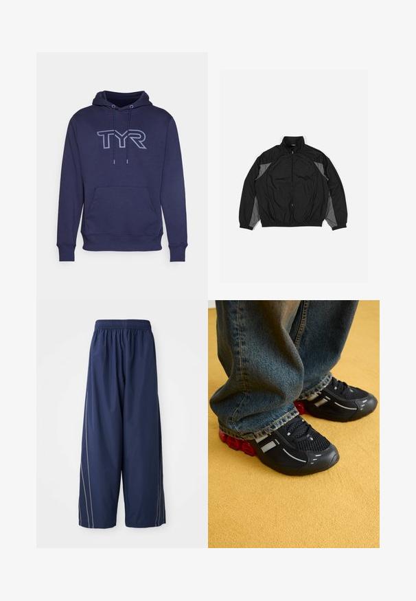 Casaco corta-vento preto com acabamentos cinzentos, apresentando fecho em zíper na parte da frente, cintura elástica e painel texturizado com um padrão de grelha na frente.; Sweatshirt capuz azul marinho feito de material suave, com um bolso canguru e um grande logo TYR numa tonalidade mais clara na parte da frente.; Calças azul-marinho, de corte largo, com um cós elástico e riscas laterais em tom mais claro. Feitas de um material leve e suave.; Sapatilhas atléticas pretas com parte superior em malha, acabamentos brilhantes e amortecimento vermelho na sola, combinadas com calças de ganga azuis.