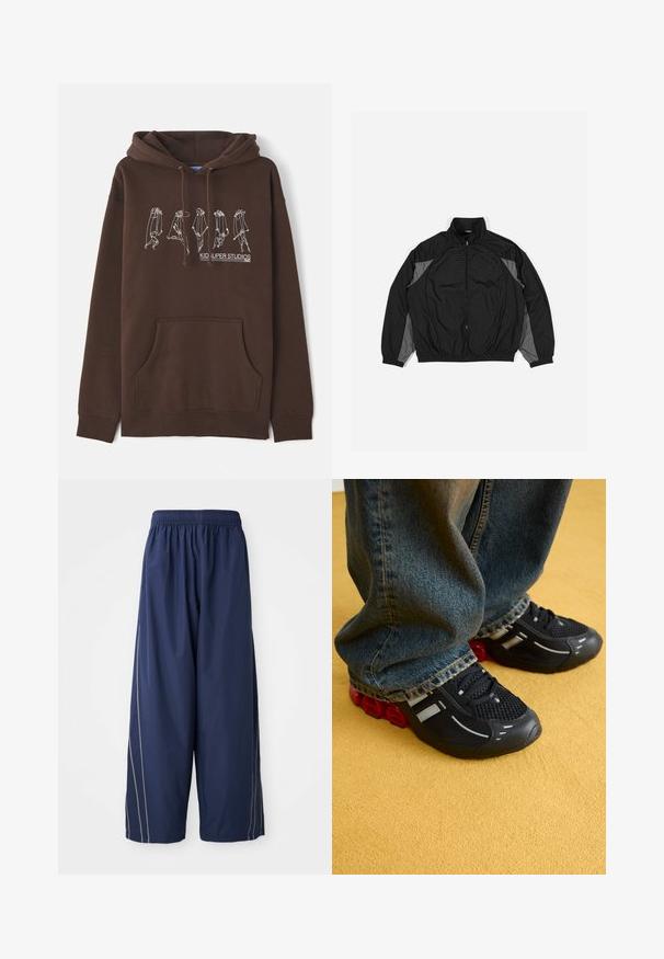 Schwarze Windjacke mit grauen Akzenten, ausgestattet mit einem Reißverschluss vorne, elastischem Bund und einer strukturierten Vorderseite mit einem Rautenmuster.; Brauner Hoodie mit einer Kordelzugkapuze, Fronttasche und einem weißen Linienkunstdesign, das Figuren zeigt. Mit dem Logo "KID SUPER STUDIOS".; Marineblaue, lässige Hosen mit einem elastischen Bund und seitlichen Streifen in einem helleren Farbton. Aus glattem, leichtem Material gefertigt.; Schwarze Sportschuhe mit einem Mesh-Obermaterial, glänzenden Akzenten und roter Dämpfung an der Sohle, kombiniert mit blauen Jeans.