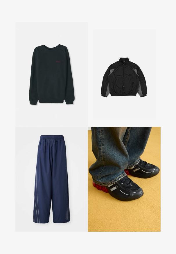 Chaqueta cortavientos negra con acentos grises, que presenta un cierre con cremallera en el frente, cintura elástica y un panel texturizado con un patrón en cuadrícula en la parte frontal.; Sudadera negra de mezcla de algodón, con un cuello redondo acanalado, mangas largas y un pequeño logo de Timberland en rosa en el pecho.; Pantalones sueltos azul marino con cintura elástica y franjas laterales en un tono más claro. Hechos de un material suave y ligero.; Zapatillas deportivas negras con parte superior de malla, acentos brillantes y amortiguación roja en la suela, combinadas con unos vaqueros de mezclilla azul.