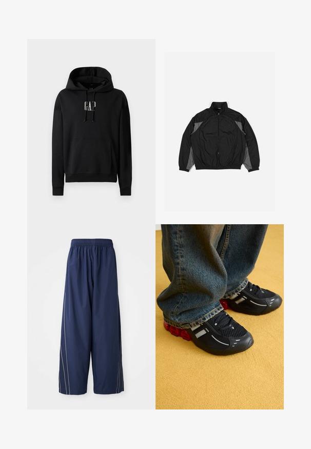 Veste coupe-vent noire avec des accents gris, dotée d'une fermeture éclair à l'avant, d'une taille élastique et d'un panneau texturé avec un motif en grille sur le devant.; Sweatshirt à capuche noire en matière polaire, avec une poche avant, des poignets côtelés et un logo "GAP" blanc sur la poitrine.; Pantalons bleu marine, amples, avec une taille élastique et des rayures latérales dans une teinte plus claire. Fabriqués en matériau léger et lisse.; Des chaussures de sport noires avec une tige en mesh, des accents brillants et un rembourrage rouge à la semelle, associées à un jean en denim bleu.