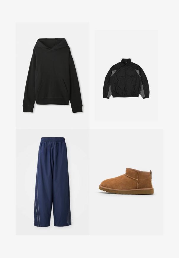 Czarna kurtka przeciwwiatrowa z szarymi akcentami, z zamkiem z przodu, elastycznym pasem i teksturowaną wstawką w kratkę na przodzie.; Czarna bluza z kapturem, z przednią kieszenią typu kangur. Wykonana z miękkiego materiału, z prążkowanymi mankietami i dołem, oferująca luźny krój.; Granatowe, luźne spodnie z elastycznym paskiem w talii i bocznymi paskami w jaśniejszym odcieniu. Wykonane z gładkiego, lekkiego materiału.; Beżowe zamszowe botki za kostkę z okrągłym noskiem, subtelnymi detalami przeszyć oraz teksturowaną gumową podeszwą. Niskie, bez sznurówek.
