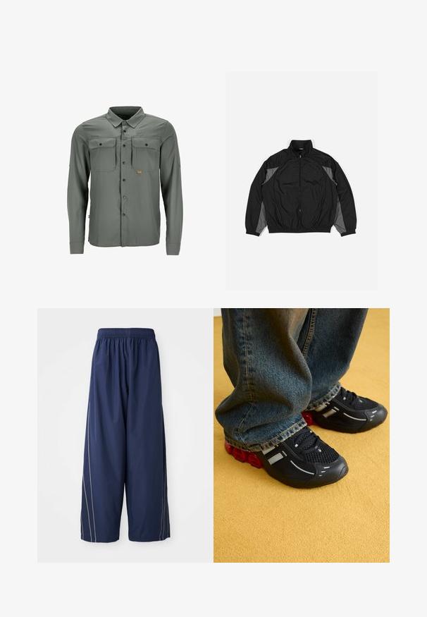 Giacca a vento nera con accenti grigi, dotata di chiusura con zip frontale, vita elasticizzata e pannello testurizzato con motivo a griglia sul davanti.; Camicia a maniche lunghe con bottoni in tessuto grigio, dotata di due tasche sul petto e di una piccola etichetta con logo. Presenta un colletto classico e una fantasia testurizzata.; Pantaloni blu navy, larghi e comodi, con una fascia elastica in vita e strisce laterali di una tonalità più chiara. Realizzati in materiale leggero e liscio.; Scarpe sportive nere con parte superiore in mesh, dettagli lucidi e imbottitura rossa nella suola, abbinate a jeans in denim blu.