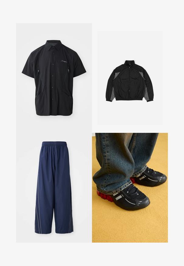 Svart vindjakke med grå detaljer, med glidelås på forsiden, elastisk midje og strukturert panel med rutenettmønster på forsiden.; Svart kortermet skjorte laget av lett stoff, med kragehals, to glidelås-lommer på brystet og fjell-logo på venstre side.; Marineblå, løstsittende bukser med elastisk midje og sidestifter i en lysere nyanse. Laget av glatt, lett materiale.; Svarte sportsko med mesh-overdel, blanke detaljer og rød polstring i sålen, kombinert med blå denimjeans.