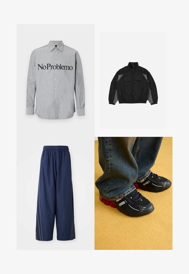 Zwarte windbreaker jas met grijze accenten, voorzien van een rits aan de voorkant, elastische taille en een textuurpaneel met een rasterpatroon aan de voorkant.; Grijze button-up shirt met een kraag, lange mouwen en "No Problemo" in grote zwarte letters op de voorkant gedrukt. Glad, lichtgewicht stof.; Marineblauwe, comfortabele broek met een elastische tailleband en zijkanten in een lichtere tint. Gemaakt van glad, lichtgewicht materiaal.; Zwarte sport schoenen met een mesh bovenkant, glanzende accenten en rode demping bij de zool, gecombineerd met blauwe spijkerbroeken.