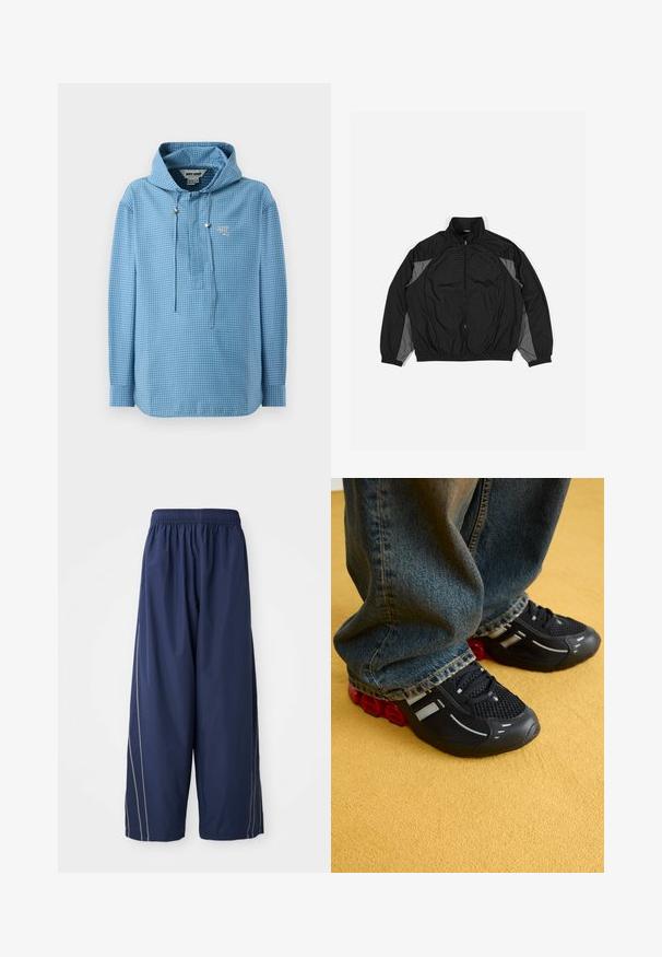 Črna vetrovka s sivimi detajli, z zadrgo spredaj, elastičnim pasom in teksturirano ploščo z mrežastim vzorcem na sprednji strani.; Svjetloplavi dukserica s kapuljačom i kariranim uzorkom, opremljena sa špagom, dugim rukavima i malim logotipom na prsima.; Temnomodre široke hlače z elastičnim pasom in stranskimi črtami v svetlejši odtenek. Narejene iz gladkega, lahkega materiala.; Črne športne čevlje z mrežasto zgornjim delom, sijočimi poudarki in rdečo oblazinjenjem na podplatu, v kombinaciji z modrimi jeans hlačami.