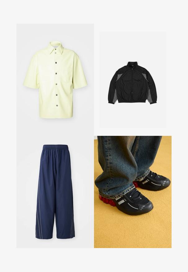 Must musternakk mustri ja hallide aktsentidega must windbreaker jope, millel on tõmblukuga esitasku, elastne vöökoht ja tekstuuriga paneel esiosas ruudustiku mustriga.; Lühikeste varrukatega särgid heledast kollasest kunstnahast. Omab esitaskut, nööpide sulgemist ja klassikalist kraed. Sile ja läikiv tekstuur.; Mere sinine, vabalt langevad püksid elastse vöökoha ja külgsiribadega heledamas toonis. Valmistatud siledast, kergest materjalist.; Mustad mustes spordijalatsid, millel on võrgust pealmine osa, läikivad aktsendid ja punane pehmenemine tallas, koos siniste teksadega.