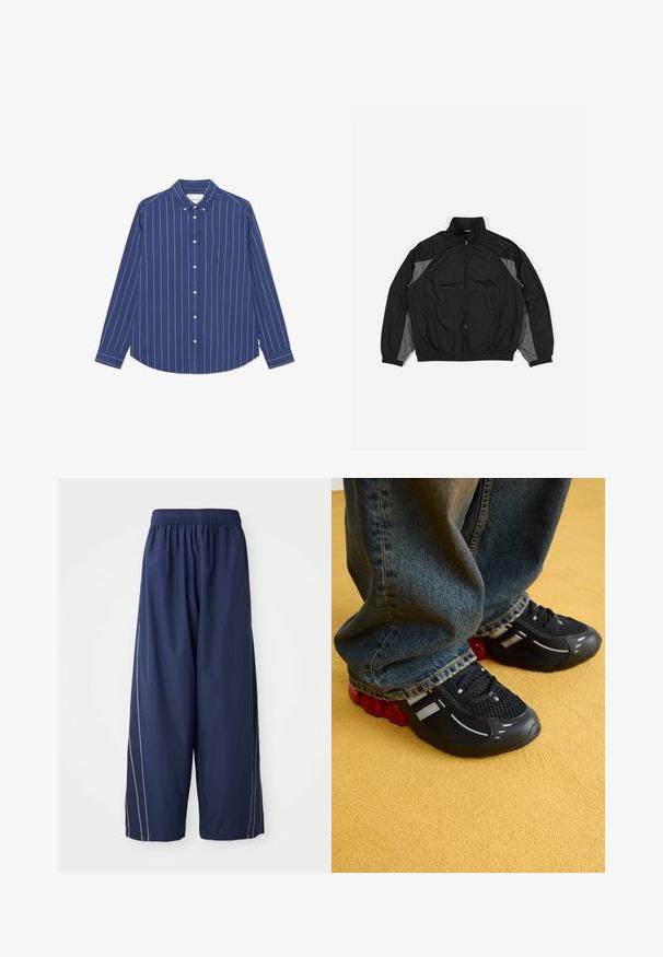 Zwarte windbreaker jas met grijze accenten, voorzien van een rits aan de voorkant, elastische taille en een textuurpaneel met een rasterpatroon aan de voorkant.; Marineblauwe overhemdd met witte verticale strepen, lange mouwen en een borstzak. Gemaakt van gladde stof met een kraagontwerp.; Marineblauwe, comfortabele broek met een elastische tailleband en zijkanten in een lichtere tint. Gemaakt van glad, lichtgewicht materiaal.; Zwarte sport schoenen met een mesh bovenkant, glanzende accenten en rode demping bij de zool, gecombineerd met blauwe spijkerbroeken.