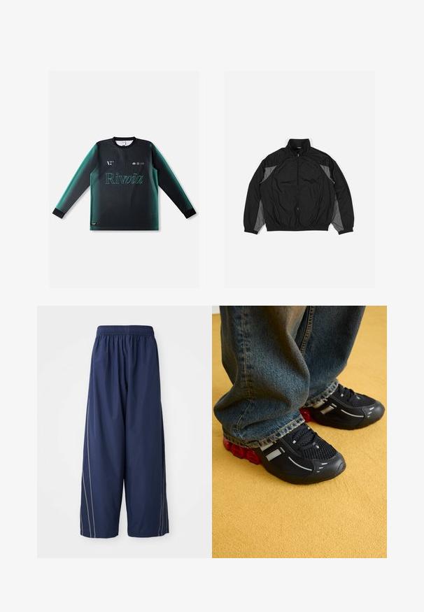 Zwarte windbreaker jas met grijze accenten, voorzien van een rits aan de voorkant, elastische taille en een textuurpaneel met een rasterpatroon aan de voorkant.; Jersey met lange mouwen in een verloop van zwart naar groenblauw, voorzien van een ronde hals, gestructureerde stof en het "Rivvia"-logo in lichtgroen op de voorkant.; Marineblauwe, comfortabele broek met een elastische tailleband en zijkanten in een lichtere tint. Gemaakt van glad, lichtgewicht materiaal.; Zwarte sport schoenen met een mesh bovenkant, glanzende accenten en rode demping bij de zool, gecombineerd met blauwe spijkerbroeken.
