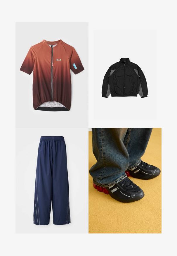 Schwarze Windjacke mit grauen Akzenten, ausgestattet mit einem Reißverschluss vorne, elastischem Bund und einer strukturierten Vorderseite mit einem Rautenmuster.; Kurzarm-Radsporttrikot in einem Farbverlauf von Braun mit vertikalen Streifen, Frontreißverschluss und Netzfutter. Mit einem Logo und elastischem Saum.; Marineblaue, lässige Hosen mit einem elastischen Bund und seitlichen Streifen in einem helleren Farbton. Aus glattem, leichtem Material gefertigt.; Schwarze Sportschuhe mit einem Mesh-Obermaterial, glänzenden Akzenten und roter Dämpfung an der Sohle, kombiniert mit blauen Jeans.