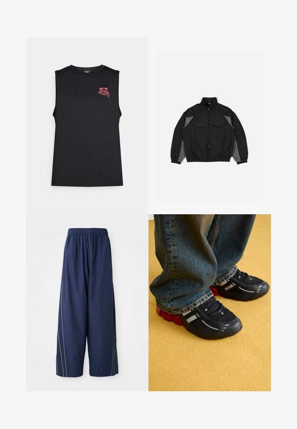 Veste coupe-vent noire avec des accents gris, dotée d'une fermeture éclair à l'avant, d'une taille élastique et d'un panneau texturé avec un motif en grille sur le devant.; Débardeur noir sans manches avec le texte stylisé "Karma" en rouge et un graphique d'yeux abstraits sur le coin supérieur gauche de la poitrine.; Pantalons bleu marine, amples, avec une taille élastique et des rayures latérales dans une teinte plus claire. Fabriqués en matériau léger et lisse.; Des chaussures de sport noires avec une tige en mesh, des accents brillants et un rembourrage rouge à la semelle, associées à un jean en denim bleu.