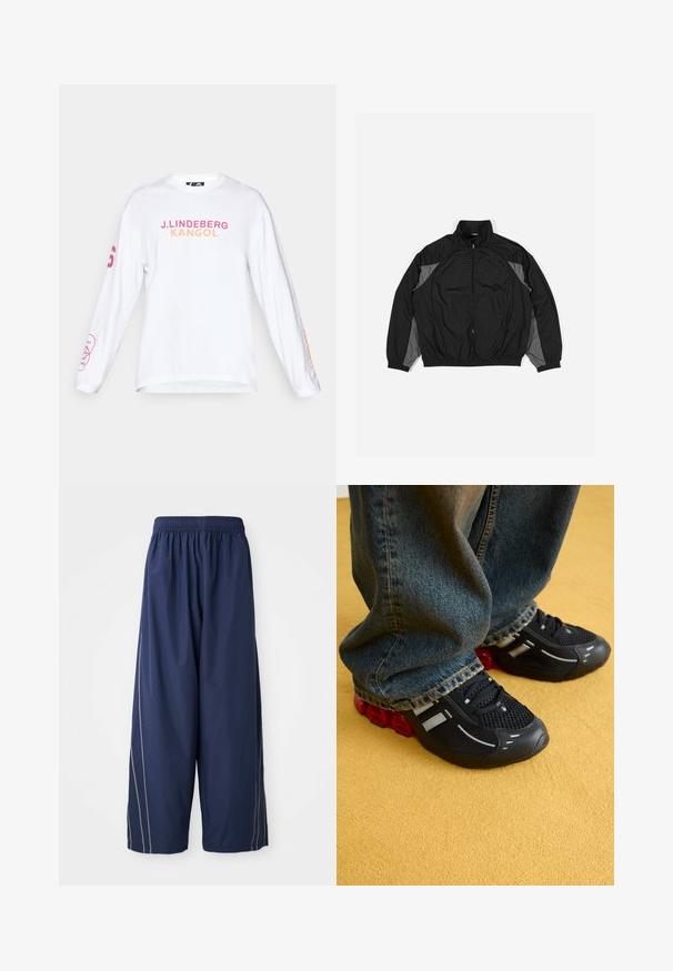 Black windbreaker jacket with gray accents, featuring a zip front, elastic waist, and textured panel with a grid pattern on the front.; White long-sleeve shirt featuring "J. LINDEBERG KANGOL" text in pink and orange. Left sleeve has pink graphic detail. Cotton material.; Navy blue, loose-fitting pants with an elastic waistband and side stripes in a lighter shade. Made of smooth, lightweight material.; Black athletic shoes with a mesh upper, glossy accents, and red cushioning at the sole, paired with blue denim jeans.
