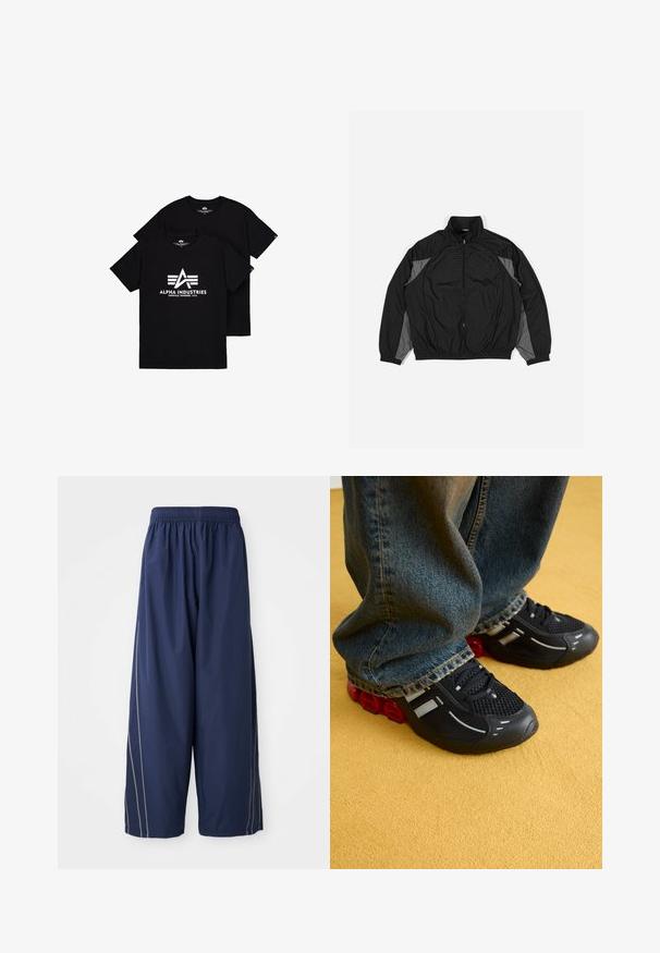Sort vindtæt jakke med grå detaljer, der har lynlåslukning foran, elastisk talje og tekstureret panel med rutenetmønster foran.; Svarte bomulds t-shirts med et hvidt logo med et "A" og tre striber under. Rund hals og korte ærmer, præsenteret i en stabel.; Marineblå, løstsiddende bukser med elastisk talje og sidelister i en lysere farve. Fremstillet af glat, let materiale.; Sorte sportssko med en mesh-overdel, blanke detaljer og rød polstring i sålen, parret med blå denimjeans.