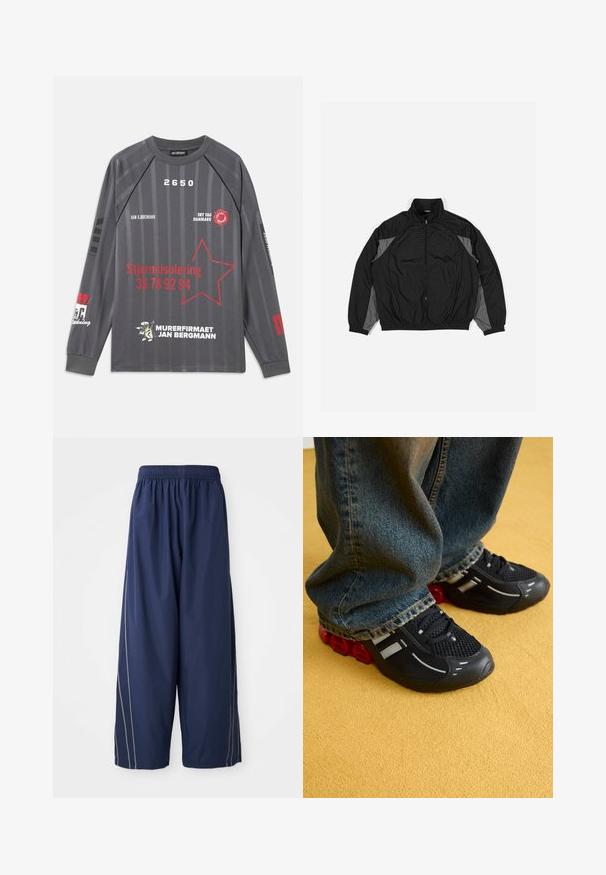 Fekete szélálló dzseki szürke részletekkel, cipzáros elülső résszel, rugalmas derékkal és rácsos mintás texturált panellel az elején.; Sötét szürke, hosszú ujjú ing függőleges csíkokkal, piros csillag grafikával, valamint fehér és piros szöveggel, amely tartalmazza a "Stjerneisolering" és a "Murerfirmaet Jan Bergmann" feliratokat.; Sötétkék, lazán illeszkedő nadrág, elasztikus derékrésszel és világosabb árnyalatú oldalsó csíkokkal. Simább, könnyű anyagból készült.; Fekete sportcipő, hálós felsőrésszel, fényes részletekkel és piros párnázással a talpnál, kék farmernadrággal párosítva.