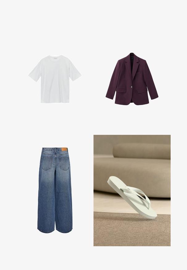 Fioletowy żakiet wykonany z gładkiego materiału, z klapami w języku, pojedynczym zapięciem na guzik oraz dwoma przednimi kieszeniami. Dopasowany krój.; Biała koszulka z krótkim rękawem, wykonana z miękkiego materiału. Okrągły dekolt, luźny krój i bez widocznych wzorów czy akcentów. Prosty, uniwersalny design.; Szerokie dżinsowe kuloty w średnim niebieskim odcieniu z wyblakłą teksturą, z dwoma tylnymi kieszeniami oraz brązową skórzaną metką marki na pasku.; Jasnozielona gumowa klapka z teksturowaną podeszwą i cienkimi paskami, unosząca się nad miękkim tłem o neutralnym odcieniu.
