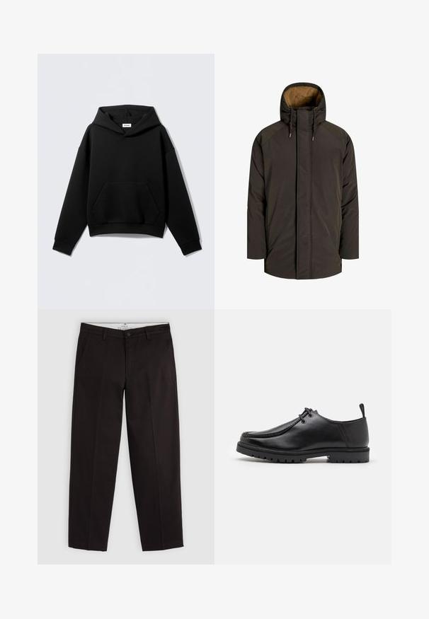 Tamno smeđa mekana jakna s visokim ovratnikom i krznom od umjetne vune, s bočnim džepovima i prednjim zatvaračem. Teksturirana tkanina, ležeran kroj.; Crna dukserica s kapuljačom izrađena od mekanog materijala, s prednjim džepom i rebrastim rukavima. Opušteni kroj s klasičnim dizajnom.; Crne ravne chinos hlače s petljama za remen, kopčanjem na dugme i bočnim džepovima, prikazane na svijetlosivoj pozadini.; Crne kožne cipele s vezanjem, s robusnom potplatom i petnom trakom, prikazane sa strane na bijeloj pozadini.