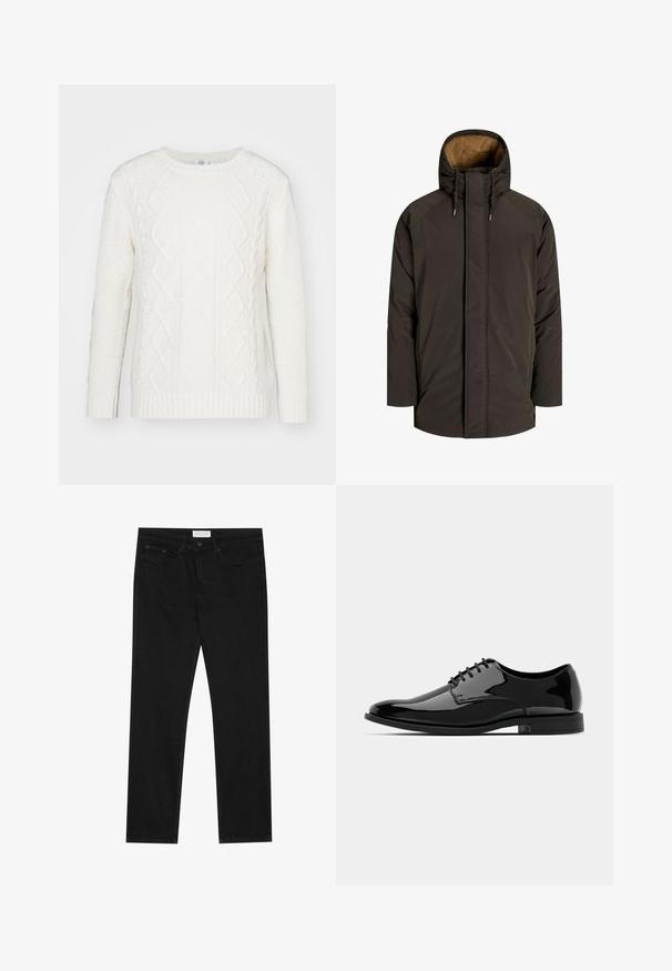 Jachetă căptușită de culoare maro închis, cu guler înalt și căptușeală din blană artificială, dotată cu buzunare laterale și fermoar frontal. Material texturat, croi lejer.; Pulover alb tricotat, cu un guler clasic cu nervuri, suprafețe texturate și modele cu torsade pe față și mânici.; Jeans negri cu croială drept, cu cinci buzunare, închidere cu nasture și fermoar, și etichetă de marcă Pier One pe talie.; Pantofii din piele lacuită neagră, cu vârful rotund, design cu șireturi și suprafață netedă, strălucitoare. Au o talpă din cauciuc cu profil jos.