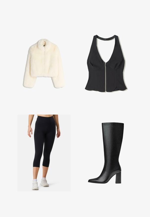 Cropped white faux fur jacket with a collar, long sleeves, and a zip front closure. Soft, textured fabric with a fluffy appearance.; Black halter top made of fabric with a deep V-neck, featuring a front zipper and scalloped hem at the bottom. No patterns or accents.; Black athletic leggings with a high waist and cropped length, made from smooth fabric, paired with white sneakers and crew-length socks.; Black knee-high boot made of faux leather with a pointed toe, smooth texture, and a chunky block heel. Minimalist design with no visible accents.