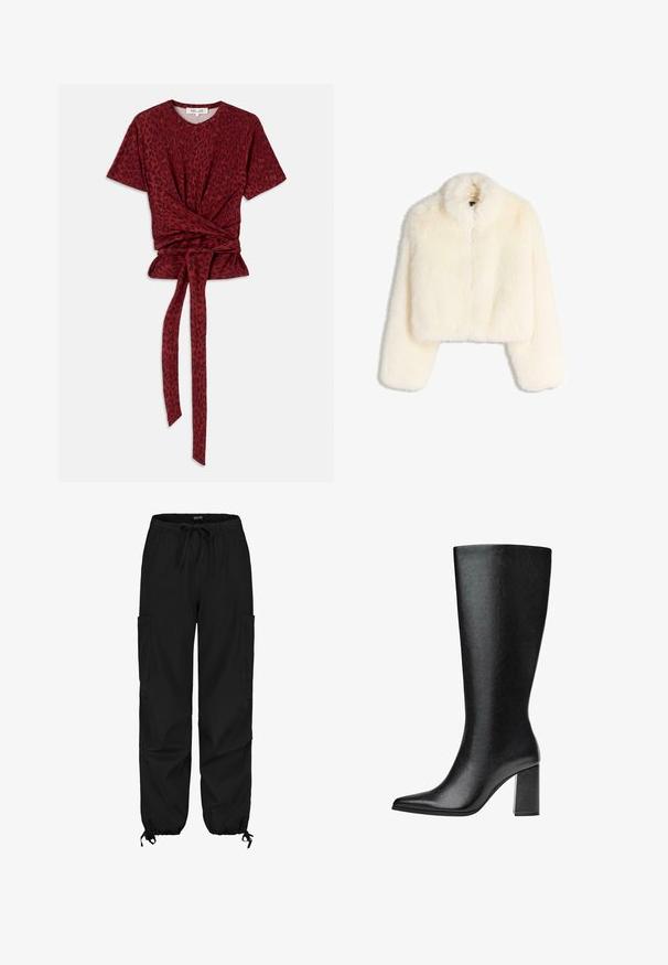 Kurze weiße Kunstfelljacke mit Kragen, langen Ärmeln und einem Reißverschluss vorne. Weicher, strukturierter Stoff mit flauschigem Aussehen.; Rotes Leopardenmuster T-Shirt mit rundem Ausschnitt, kurzen Ärmeln und geknotetem Taillendetail; aus weichem, strukturiertem Material hergestellt.; Schwarze Cargo-Hosen aus leichtem Stoff, mit elastischem Bund und Kordelzug, zwei Seitentaschen und elastischen Bündchen.; Schwarze kniehohe Stiefel aus Kunstleder mit spitzer Zehe, glatter Oberfläche und blockartigem Absatz. Minimalistisches Design ohne sichtbare Akzente.