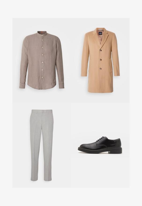 Kamieļa vilnas pārklājs ar izgrieztu atlokiem, viengabalainu aizdari, trim brūnām pogām, divām sānu kabatām un gludu tekstūru.; Melnā augstā kakla džemperis, kas izgatavots no mīksta materiāla, ar garām piedurknēm un pieguļušu piegriezumu. Ribota apdare ap apakšu un piedurknēm. Vienkāršs dizains.; Garais piedurknes krekls no taupe lina ar mandarina apkakli, ar pogu priekšpusi un smalku tekstūru, izstrādāts ar izliekta apakšmali.; Gai pelēki bikses ar gludu tekstūru, plakanu priekšpusi un taisnām kājām. Izgatavotas no elpojoša auduma, ar iekšējām kabatām un jostu cilpām.; Melna āda sašūta kurpe ar noapaļotu purngalu, gludu tekstūru, minimālu šuvju skaitu un zemu gumijas papēdi. Logo uz papēža.