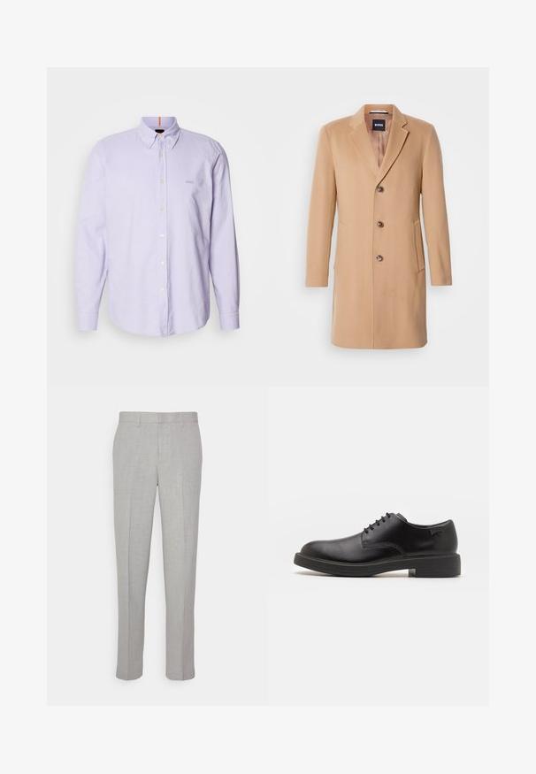 Kamelový vlnený kabát so zaobleným límcom, jednostranným zapínaním, tromi hnedými gombíkmi, dvoma bočnými vreckami a hladkou textúrou.; Čierny rolák vyrobený z jemného materiálu, s dlhými rukávmi a tesným strihom. Hranatý lem a manžety s ribbed úpravou. Jednoduchý dizajn.; Svetlofialová košeľa na gombíky s dlhými rukávmi, golierom a decentným brandingom na hrudi, s hladkou textúrou a bielymi gombíkmi.; Svetlo-sivé nohavice s hladkým povrchom, plochým predným dielom a rovnými nohavicami. Vyrobené z priedušnej látky, s vnútornými vreckami a pútkami na opasok.; Čierne kožené šnurovacie topánky s okrúhlou špičkou, hladkým povrchom, minimálnym prešívaním a nízkym gumovým podpätkom. Logo na podpätku.
