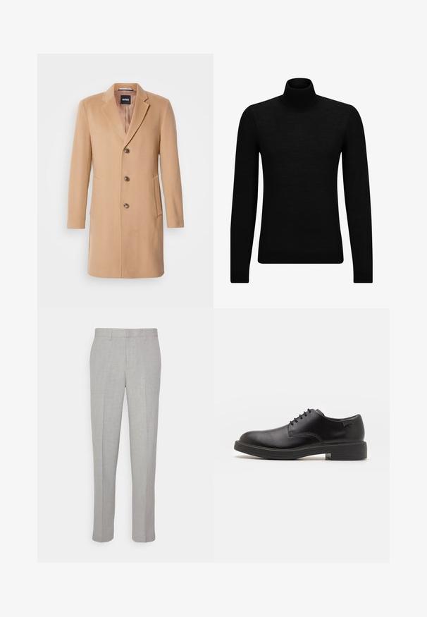 Manteau en mélange de laine couleur chameau avec col cranté, fermeture simple, trois boutons bruns, deux poches latérales et texture lisse.; Pull à col roulé noir en matériau doux, avec des manches longues et une coupe ajustée. Finition côtelée au bas et aux poignets. Design simple.; Pantalons gris clair avec une texture lisse, devant plat et jambes droites. Fabriqués en tissu respirant, avec poches internes et passants de ceinture.; Chaussure noire en cuir à lacets avec un embout arrondi, texture lisse, piqures minimales et un petit talon en caoutchouc. Logo sur le talon.