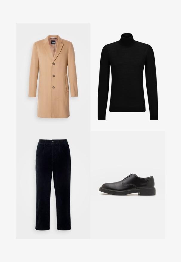 Kamel színű gyapjúkeverék kabát, melynek hajtókás álcsuklója van, egy sor gombbal záródik, három barna gombja, két oldalsó zsebe és sima textúrája van.; Fekete garbó pulóver puha anyagból, hosszú ujjakkal és szoros fazonnal. Ribbed díszítés az alján és az ujjak végén. Egyszerű dizájn.; Sötétkék kordbársony nadrág egyenes szárú szabással, gombos zárással és finom vertikális bordázott textúrával.; Fekete bőrcipő, kerek orrú, sima felületű, minimális varrással és alacsony gumitalppal. Logó a sarokrészen.